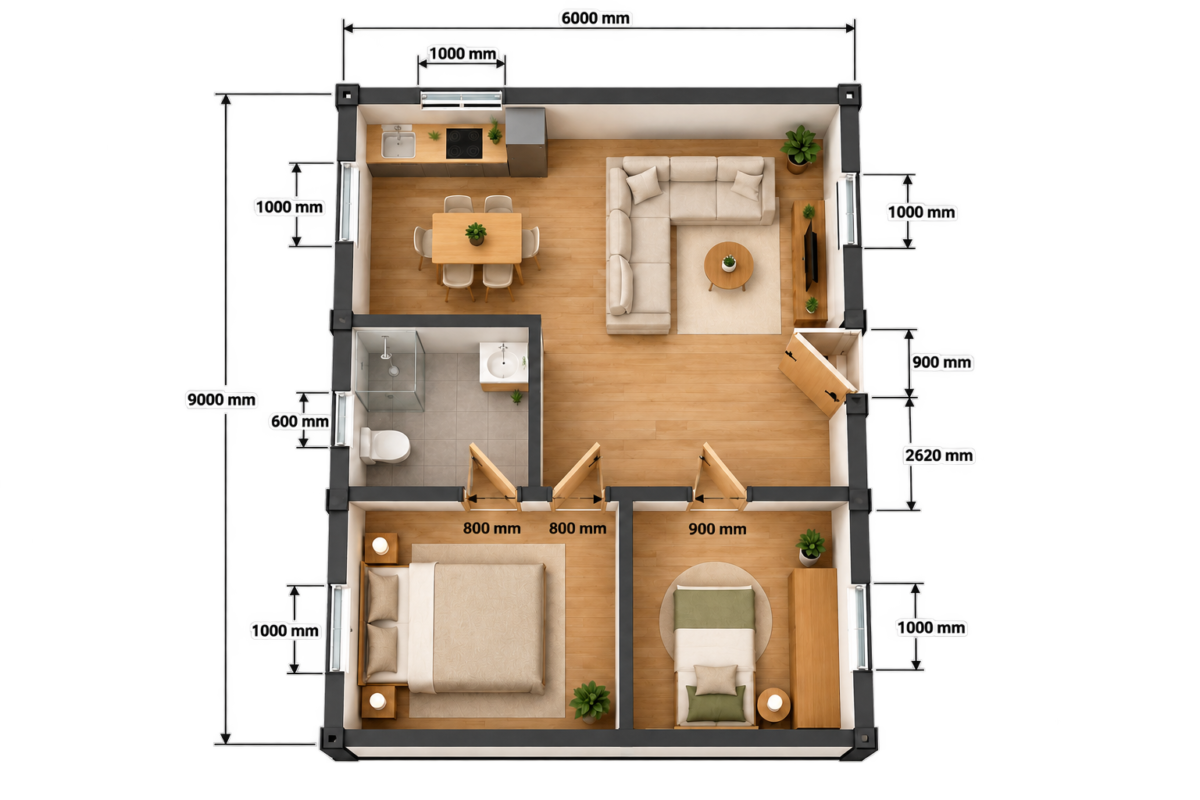 Casa modulara 54mp 2 module 9x3m schita 3D cu cote ZHOUSE.png Casa modulara 54mp 2 module 9x3m schita 3D cu cote ZHOUSE.png
