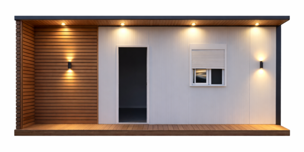 Clădire modulară iluminată la amurg