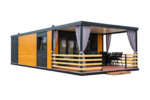 Casă modulară cu terasă și mobilier modern