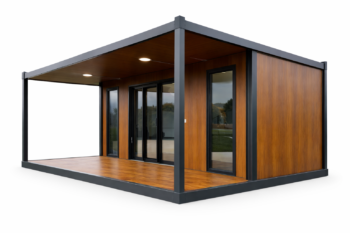 Casă modulară modernă cu terasă din lemn