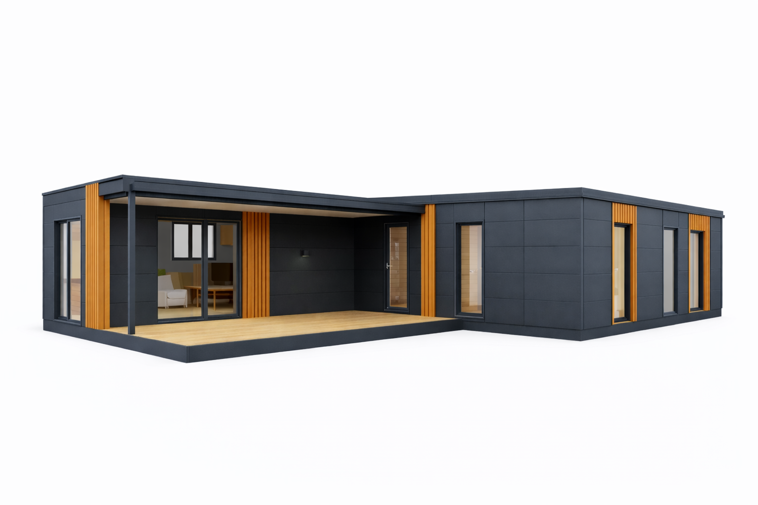 Casă modulară modernă cu deck din lemn